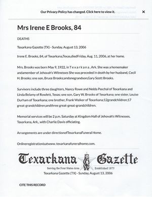 Obituary - Irene Brooks